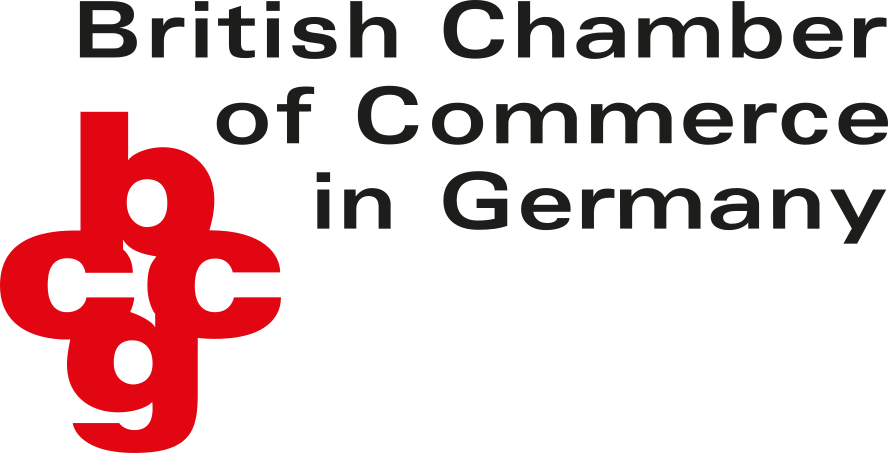 BCCG Logo Logo der British Chamber of Commerce in Germany, rot und schwarz, mit Buchstaben und Symbol.